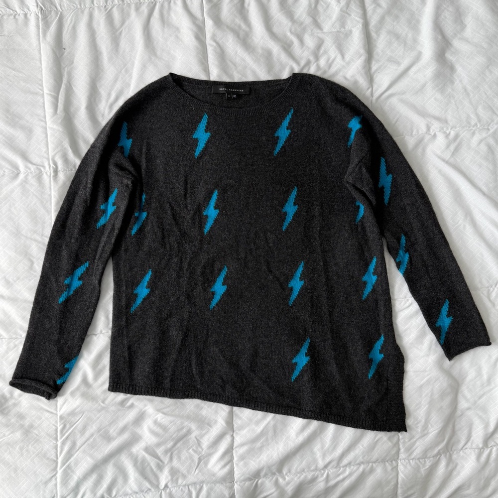 Skull Cashmere Lightning Bolt Asymmetric Hem Sweater S Gray Blue 100% Cashmere